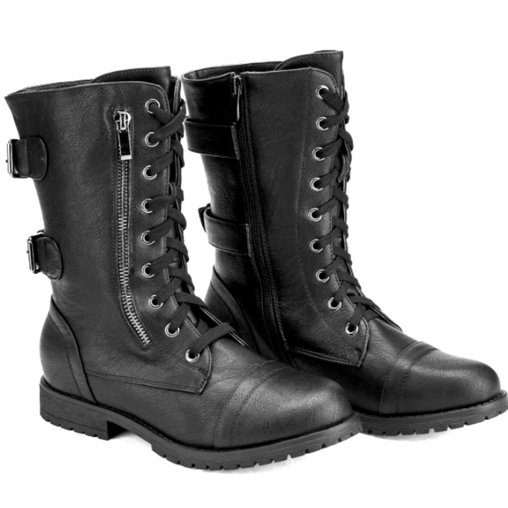 Black Lace Up Zipper Combat Boots